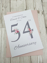 Load image into Gallery viewer, 54th Wedding Anniversary Card - Glass 54 Year Fifty Fourth Anniversary Luxury Greeting Personalised - Floral Number