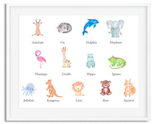 Load image into Gallery viewer, Name Watercolour Wildlife Zoo Animal A4 Print - 26 Animals To Choose From