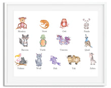 Load image into Gallery viewer, Name Watercolour Wildlife Zoo Animal A4 Print - 26 Animals To Choose From
