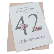 Load image into Gallery viewer, 42nd Wedding Anniversary Card - Clock 42 Year Forty Second Anniversary Luxury Greeting Card Personalised - Floral Number