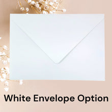 Load image into Gallery viewer, A white envelope is shown against a light background, with delicate white flowers visible in the top left corner.
