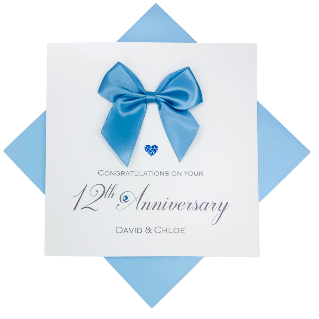 12th Anniversary Card - Silk 12 Year Wedding Anniversary Luxury Greeting Card Personalised -  Regal Bow