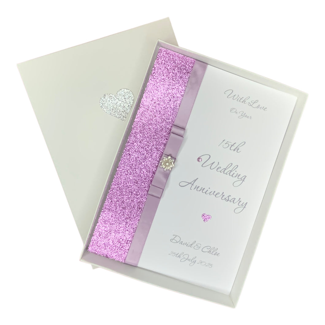 15th Wedding Anniversary Card - Crystal 15 Year Fifteenth Anniversary -14 Colour Coice - Luxury Bow