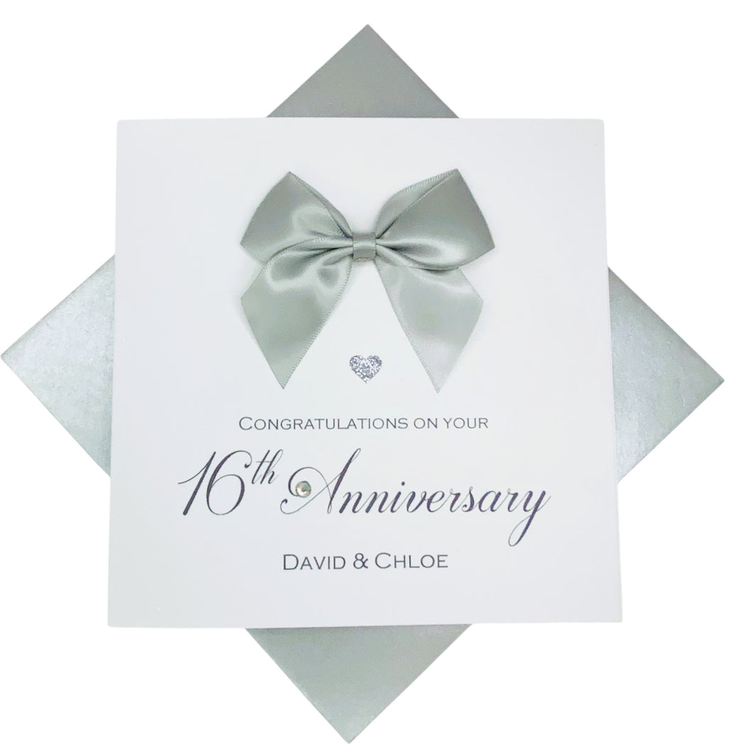 16th Anniversary Card - Silver Holloware 16 Year Wedding Anniversary Luxury Greeting Card Personalised -  Regal Bow