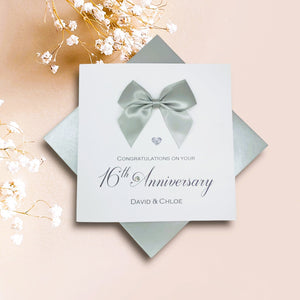 16th Anniversary Card - Silver Holloware 16 Year Wedding Anniversary Luxury Greeting Card Personalised -  Regal Bow