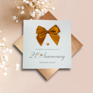 21st Anniversary Card - Brass 21 Year Wedding Anniversary Luxury Greeting Card Personalised -  Regal Bow