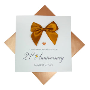 21st Anniversary Card - Brass 21 Year Wedding Anniversary Luxury Greeting Card Personalised -  Regal Bow