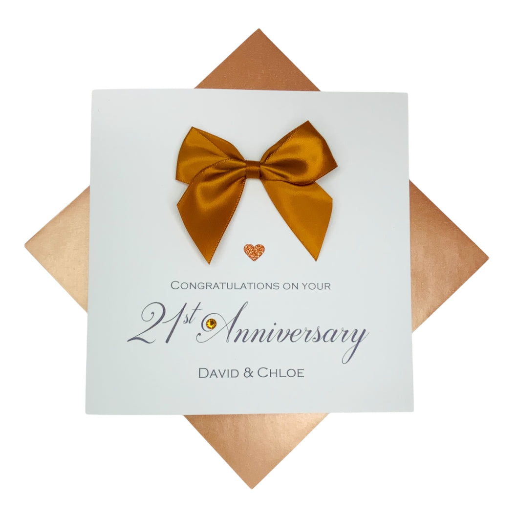 21st Anniversary Card - Brass 21 Year Wedding Anniversary Luxury Greeting Card Personalised -  Regal Bow