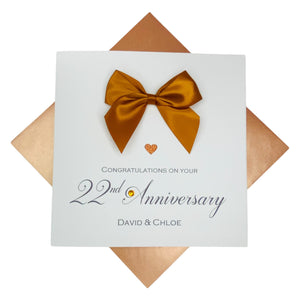 22nd Anniversary Card - Copper 22 Year Wedding Anniversary Luxury Greeting Card Personalised - Regal Bow