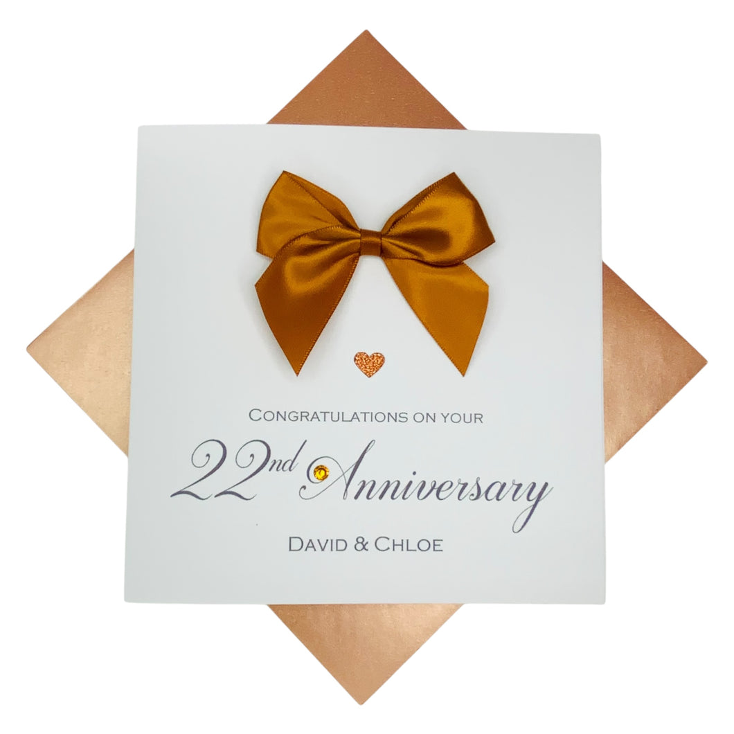 22nd Anniversary Card - Copper 22 Year Wedding Anniversary Luxury Greeting Card Personalised - Regal Bow