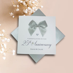 25th Anniversary Card - Silver 25 Year Wedding Anniversary Luxury Greeting Card Personalised - Regal Bow