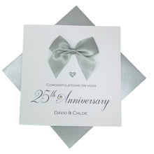 Load image into Gallery viewer, 25th Anniversary Card - Silver 25 Year Wedding Anniversary Luxury Greeting Card Personalised - Regal Bow
