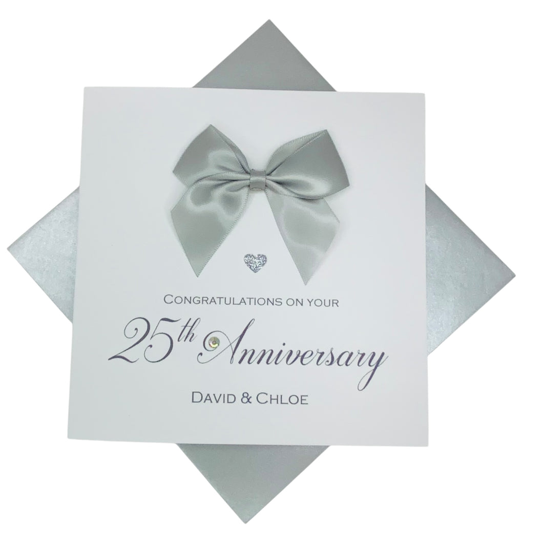 25th Anniversary Card - Silver 25 Year Wedding Anniversary Luxury Greeting Card Personalised - Regal Bow