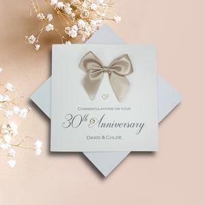 30th Anniversary Card - Pearl 30 Year Wedding Anniversary Luxury Greeting Card Personalised - Regal Bow