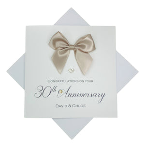 30th Anniversary Card - Pearl 30 Year Wedding Anniversary Luxury Greeting Card Personalised - Regal Bow