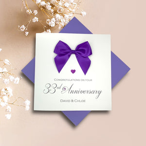 33rd Anniversary Card - 33 Year Wedding Anniversary Luxury Greeting Card Personalised - Regal Bow