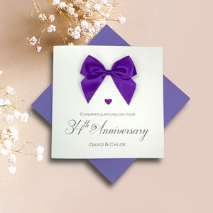 34th Anniversary Card - 34 Year Wedding Anniversary Luxury Greeting Card Personalised - Regal Bow