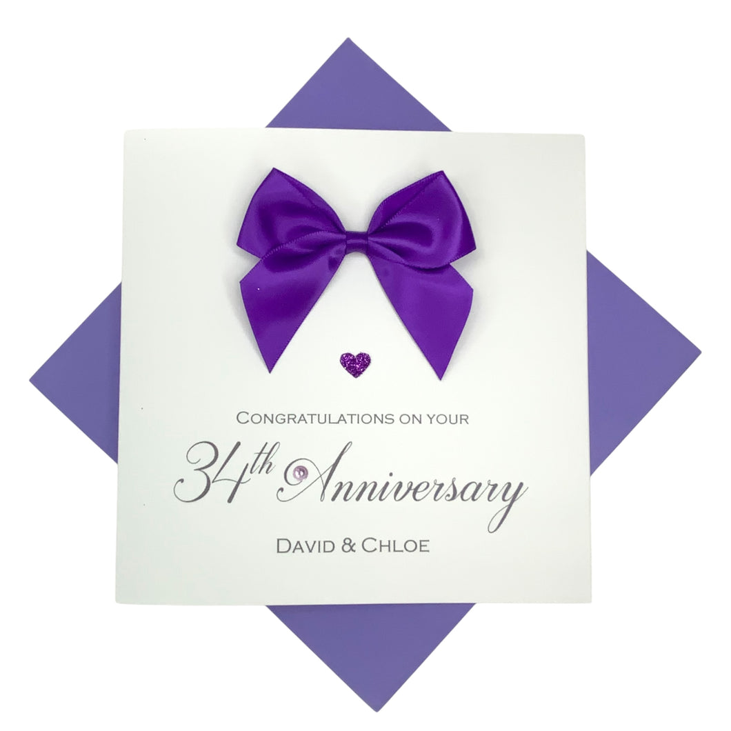 34th Anniversary Card - 34 Year Wedding Anniversary Luxury Greeting Card Personalised - Regal Bow