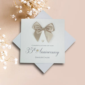 35th Anniversary Card - Coral 35 Year Wedding Anniversary Luxury Greeting Card Personalised - Regal Bow
