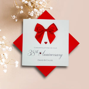 38th Anniversary Card - 38 Year Wedding Anniversary Luxury Greeting Card Personalised - Regal Bow