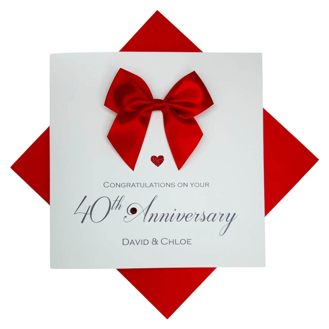 40th Anniversary Card - Ruby 40 Year Wedding Anniversary Luxury Greeting Card Personalised - Regal Bow