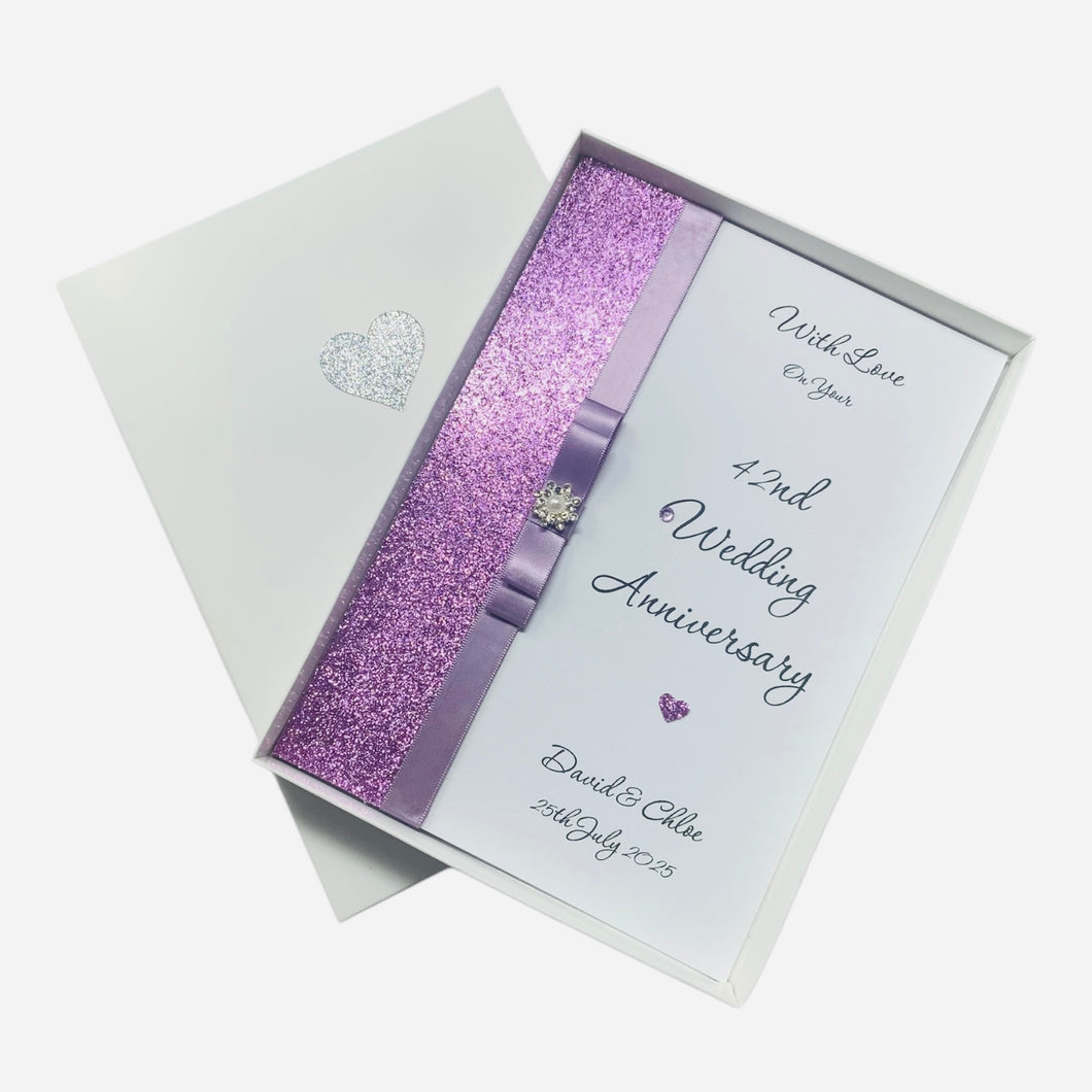 42nd Wedding Anniversary Card - Clock 42 Year Forty Second Anniversary - 18 Colour Coice - Luxury Bow