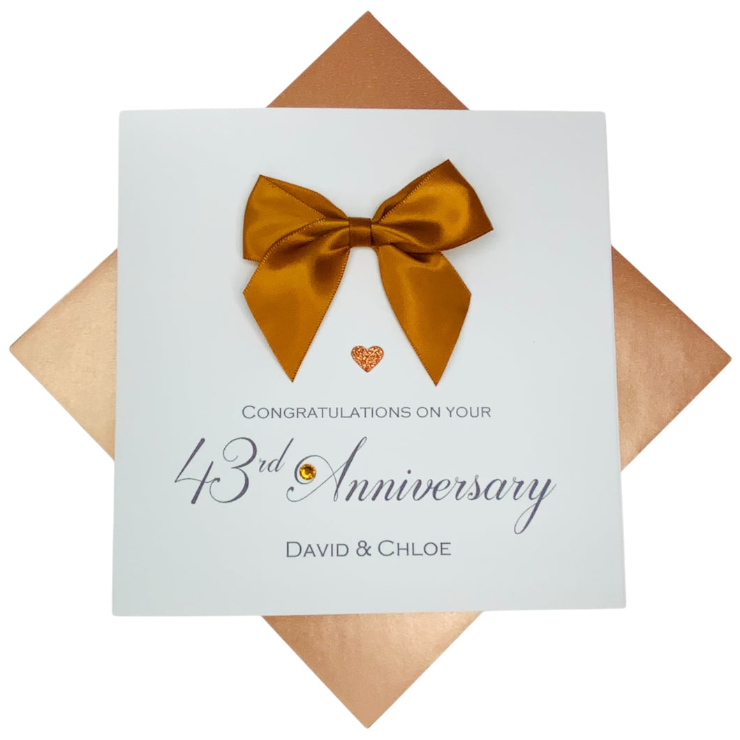 43rd Anniversary Card - 43 Year Wedding Anniversary Luxury Greeting Card Personalised - Regal Bow