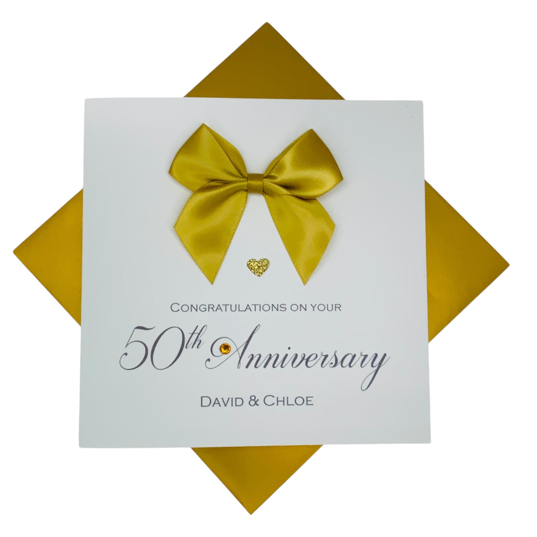 50th Anniversary Card - Golden 50 Year Wedding Anniversary Luxury Greeting Card Personalised - Regal Bow