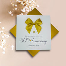 Load image into Gallery viewer, 50th Anniversary Card - Golden 50 Year Wedding Anniversary Luxury Greeting Card Personalised - Regal Bow

