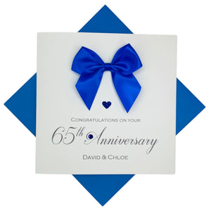 65th Anniversary Card -Blue Sapphire 65 Year Wedding Anniversary Luxury Greeting Card Personalised - Regal Bow