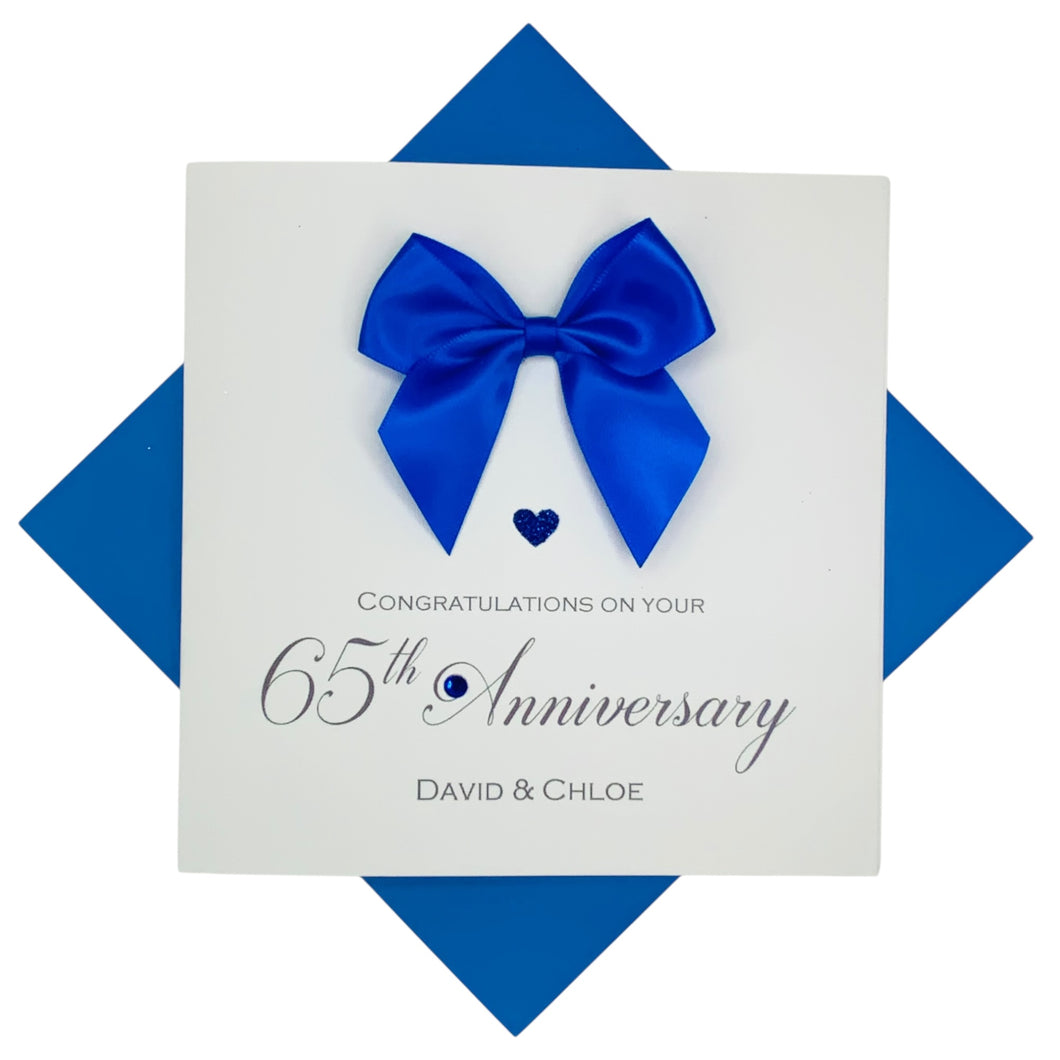 65th Anniversary Card -Blue Sapphire 65 Year Wedding Anniversary Luxury Greeting Card Personalised - Regal Bow