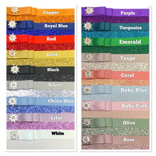 Load image into Gallery viewer, a collection of colorful ribbons with various patterns and colors, including copper, royal blue, red, gold, black, silver, blue, coral, baby blue, baby pink, lillac, olive, and rose.
