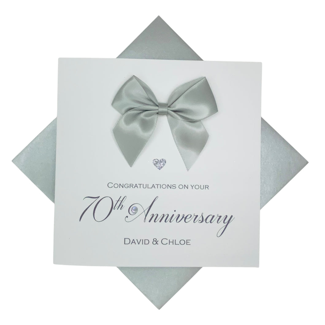 70th Anniversary Card - Platinum 70 Year Wedding Anniversary Luxury Greeting Card Personalised - Regal Bow