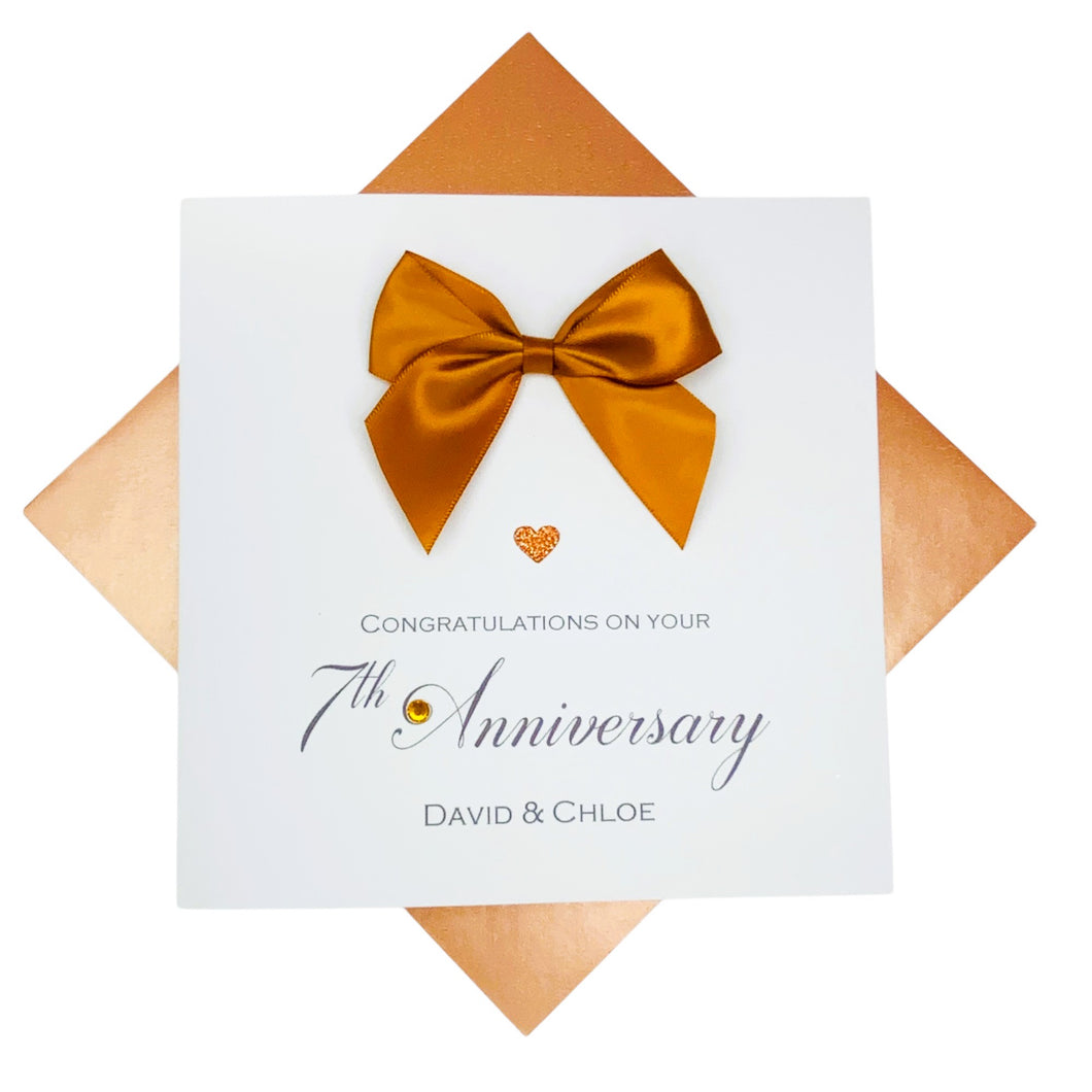 7th Anniversary Card - Copper 7 Year Seventh Wedding Anniversary Luxury Greeting Card Personalised -  Regal Bow