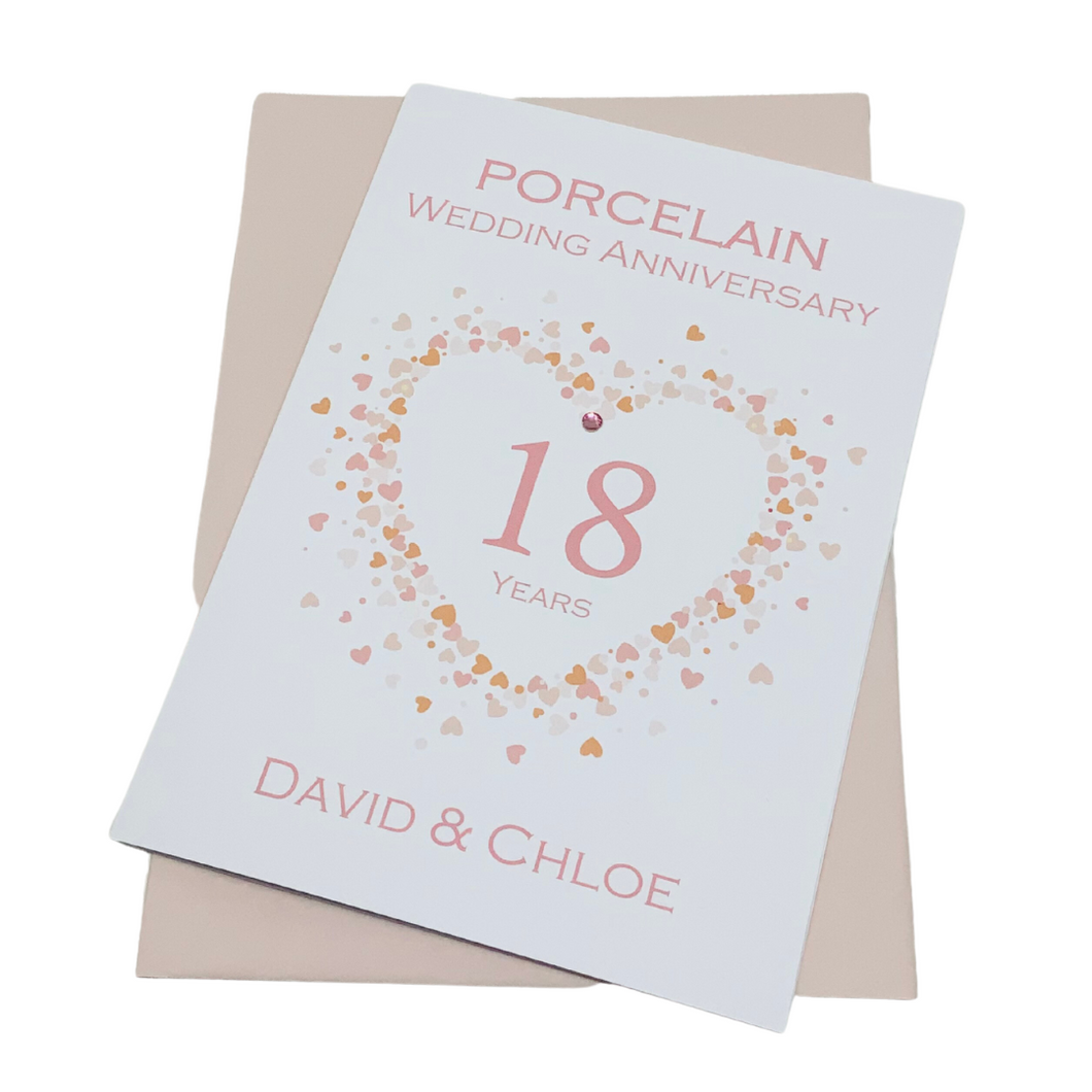 18th Wedding Anniversary Card - Porcelain 18 Year Eighteenth Anniversary Luxury Greeting Card, Personalised - Love Heart