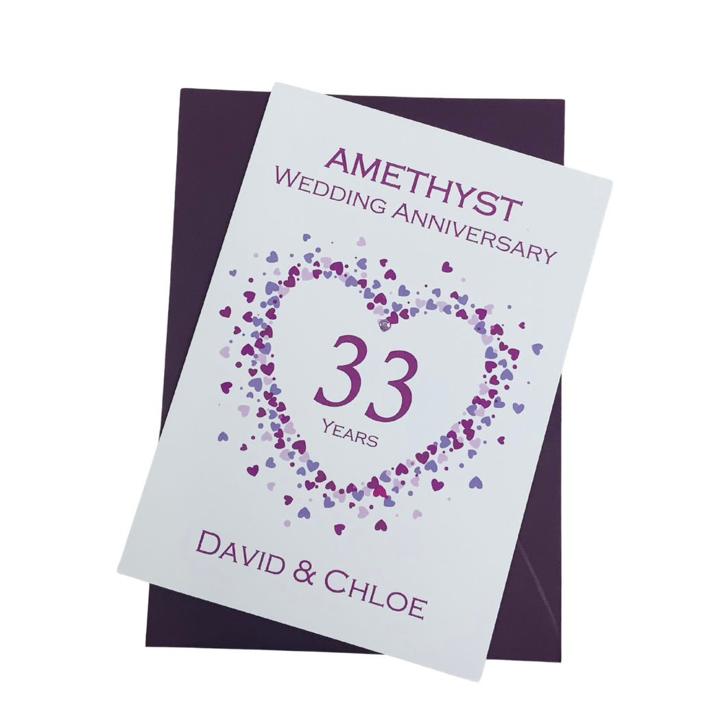 33rd Wedding Anniversary Card - Amethyst 33 Year Thirty Third Anniversary Luxury Greeting Card, Personalised - Love Heart