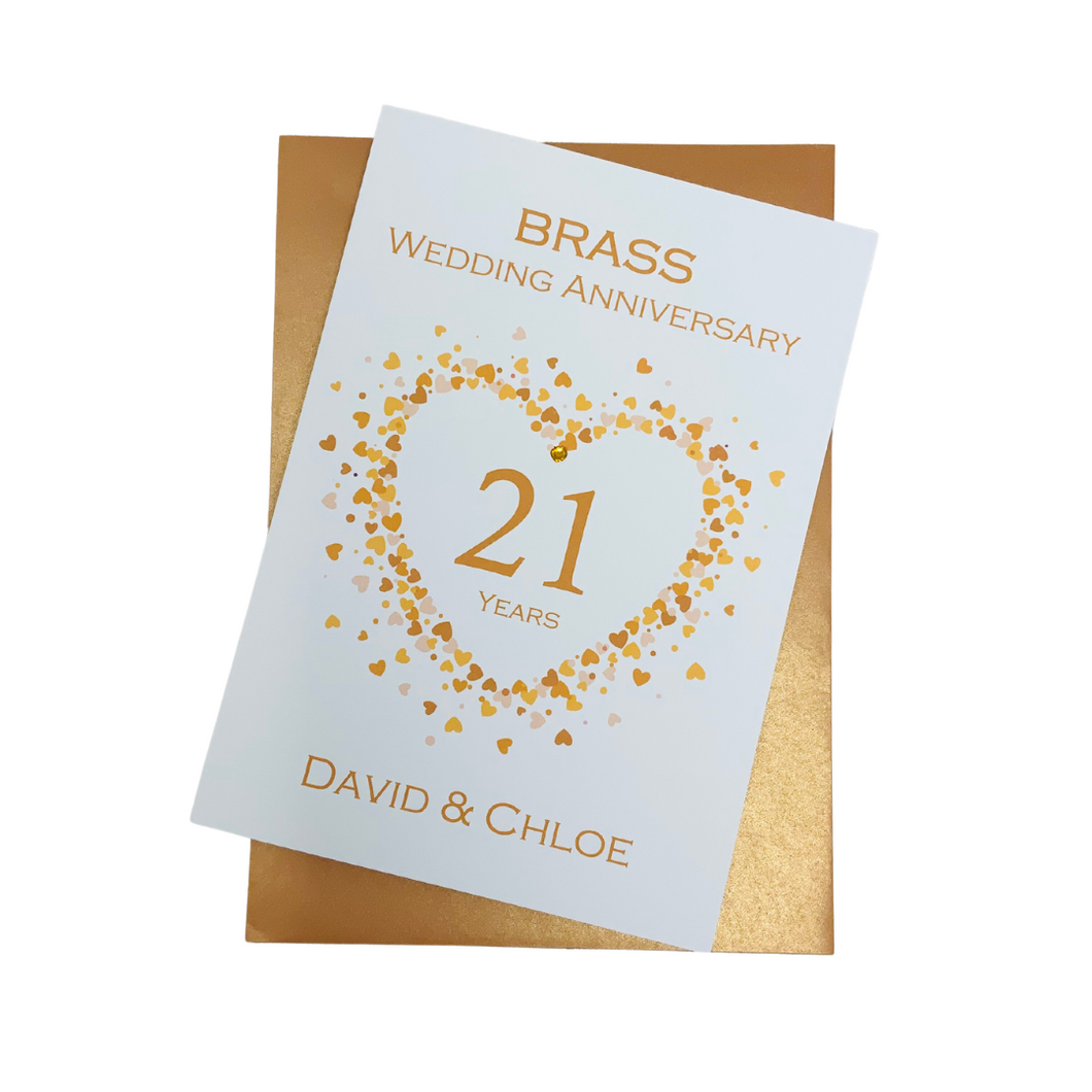 21st Wedding Anniversary Card - Brass 21 Year Twenty First Anniversary Luxury Greeting Card, Personalised - Love Heart