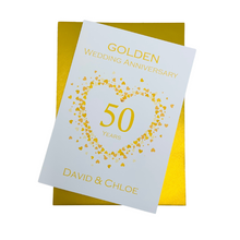 Load image into Gallery viewer, 50th Wedding Anniversary Card - Golden 50 Year Fiftieth Anniversary Luxury Greeting Card Personalised - Love Heart
