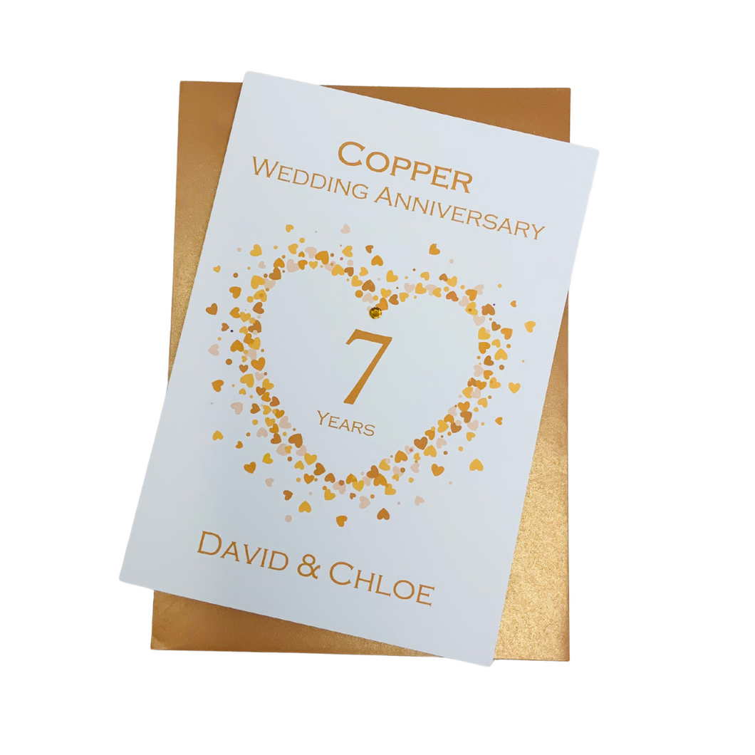 7th Anniversary Card - Copper 7 Year Seventh Wedding Anniversary Luxury Greeting Card Personalised - Love Heart