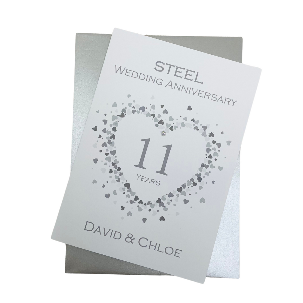 11th Wedding Anniversary Card - Steel 11 Year Eleventh Anniversary Luxury Greeting Card, Personalised  - Love Heart