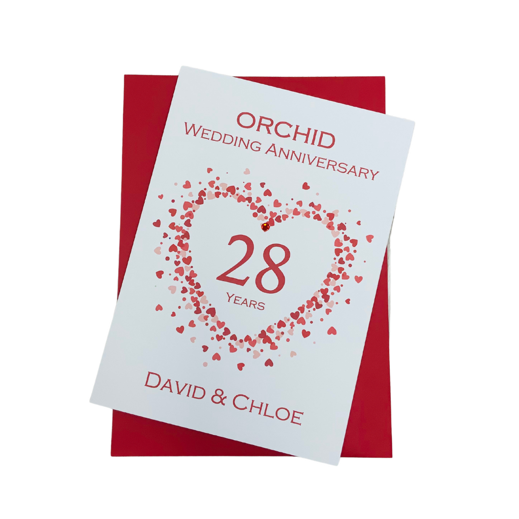 28th Wedding Anniversary Card - Orchid 28 Year Twenty Eighth Anniversary Luxury Greeting Card, Personalised - Love Heart