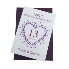 Load image into Gallery viewer, 13th Wedding Anniversary Card - Lace 13 Year Thirteenth Anniversary Luxury Greeting Card, Personalised  - Love Heart
