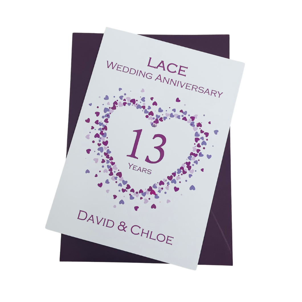 13th Wedding Anniversary Card - Lace 13 Year Thirteenth Anniversary Luxury Greeting Card, Personalised  - Love Heart