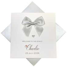 Load image into Gallery viewer, New Baby Boy Congratulations Card - Personalised Handmade Luxury Card - Regal Bow
