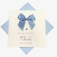 Load image into Gallery viewer, New Baby Boy Congratulations Card - Personalised Handmade Luxury Card - Regal Bow
