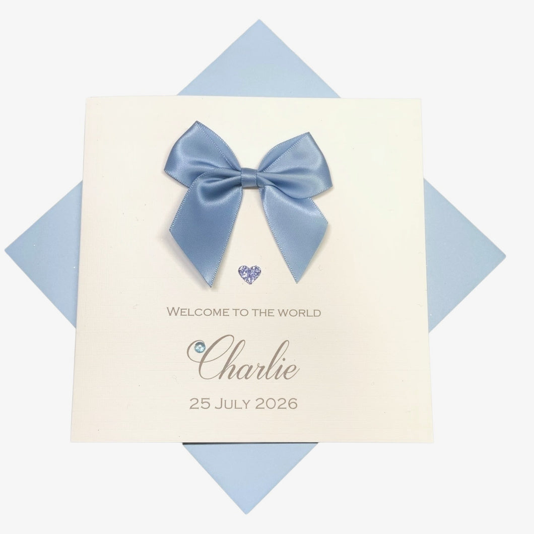 New Baby Boy Congratulations Card - Personalised Handmade Luxury Card - Regal Bow
