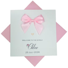 Load image into Gallery viewer, New Baby Girl Congratulations Card - Personalised Handmade Luxury Card - Regal Bow
