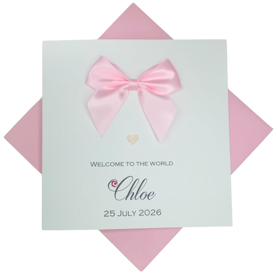 New Baby Girl Congratulations Card - Personalised Handmade Luxury Card - Regal Bow