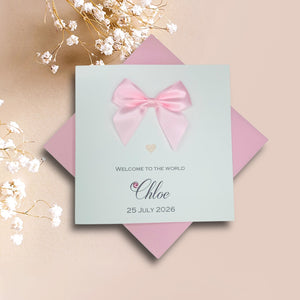 New Baby Girl Congratulations Card - Personalised Handmade Luxury Card - Regal Bow