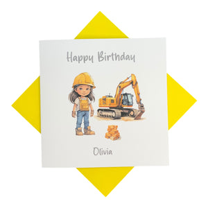 Birthday Card - Personalised Greeting Card - Construction Girl